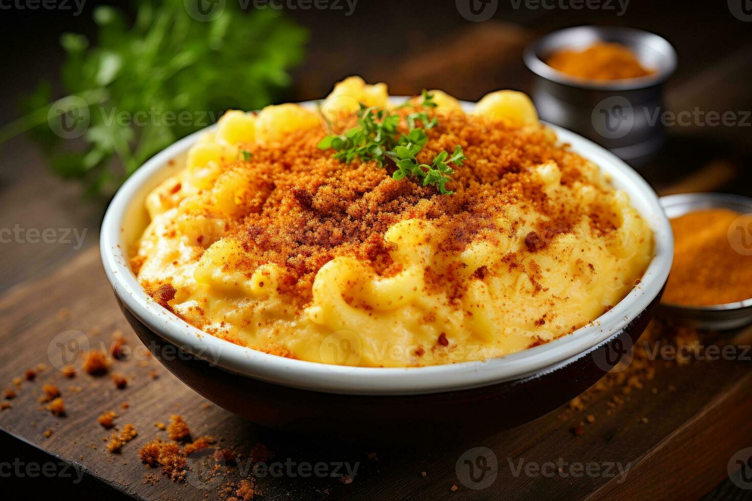AI generated Photo of a delectable bowl of creamy macaroni and cheese with a crispy breadcrumb topping. Generative AI