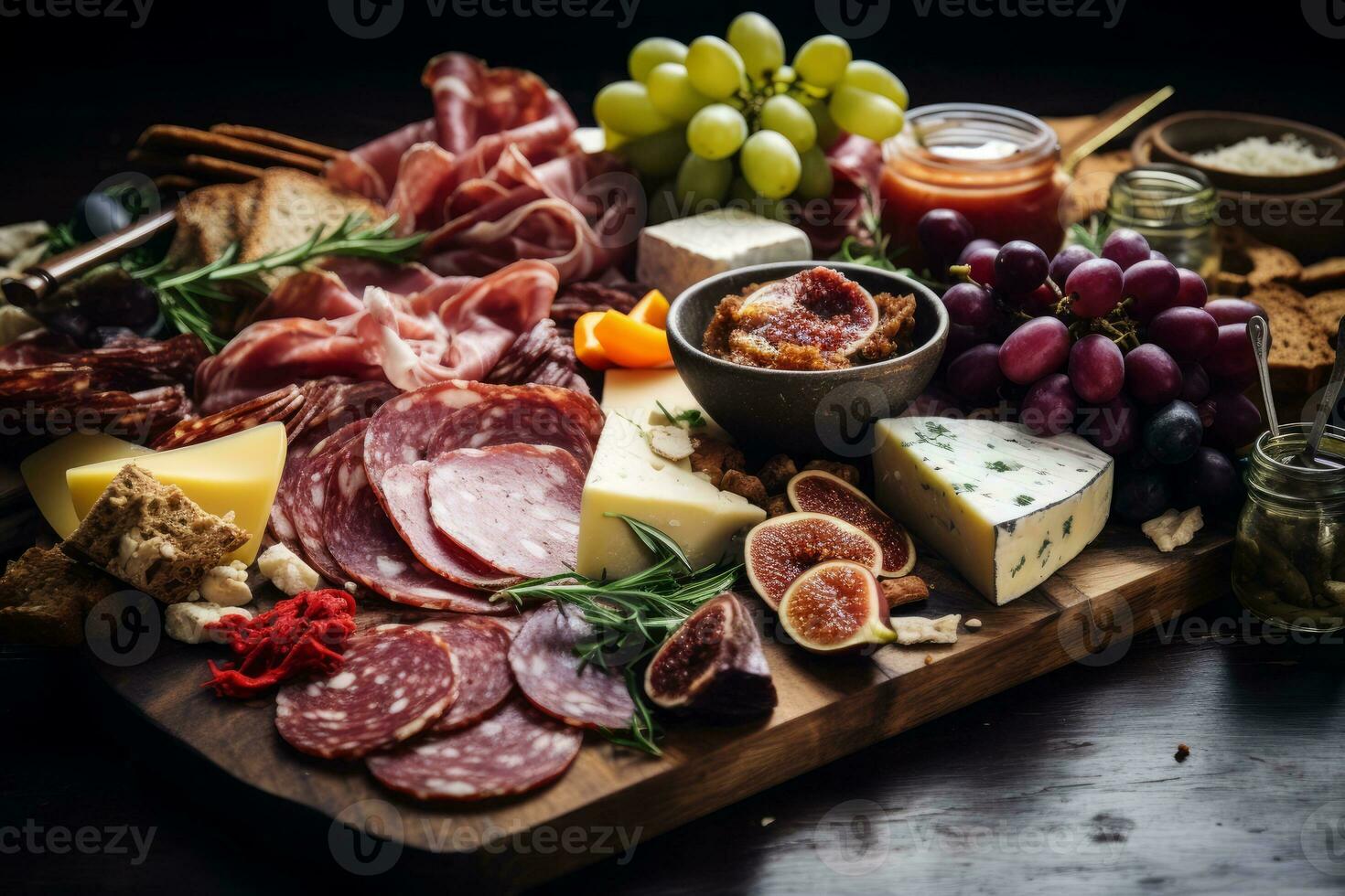 AI generated Photo of a gourmet cheese and charcuterie board with accompaniments. Generative AI
