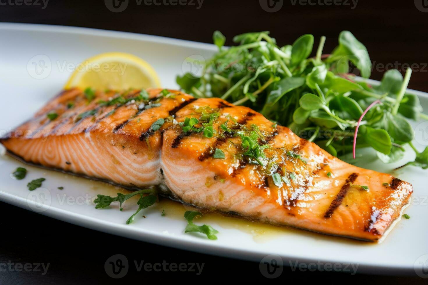 AI generated Photo of a perfectly grilled salmon fillet with a lemon-butter glaze. Generative AI