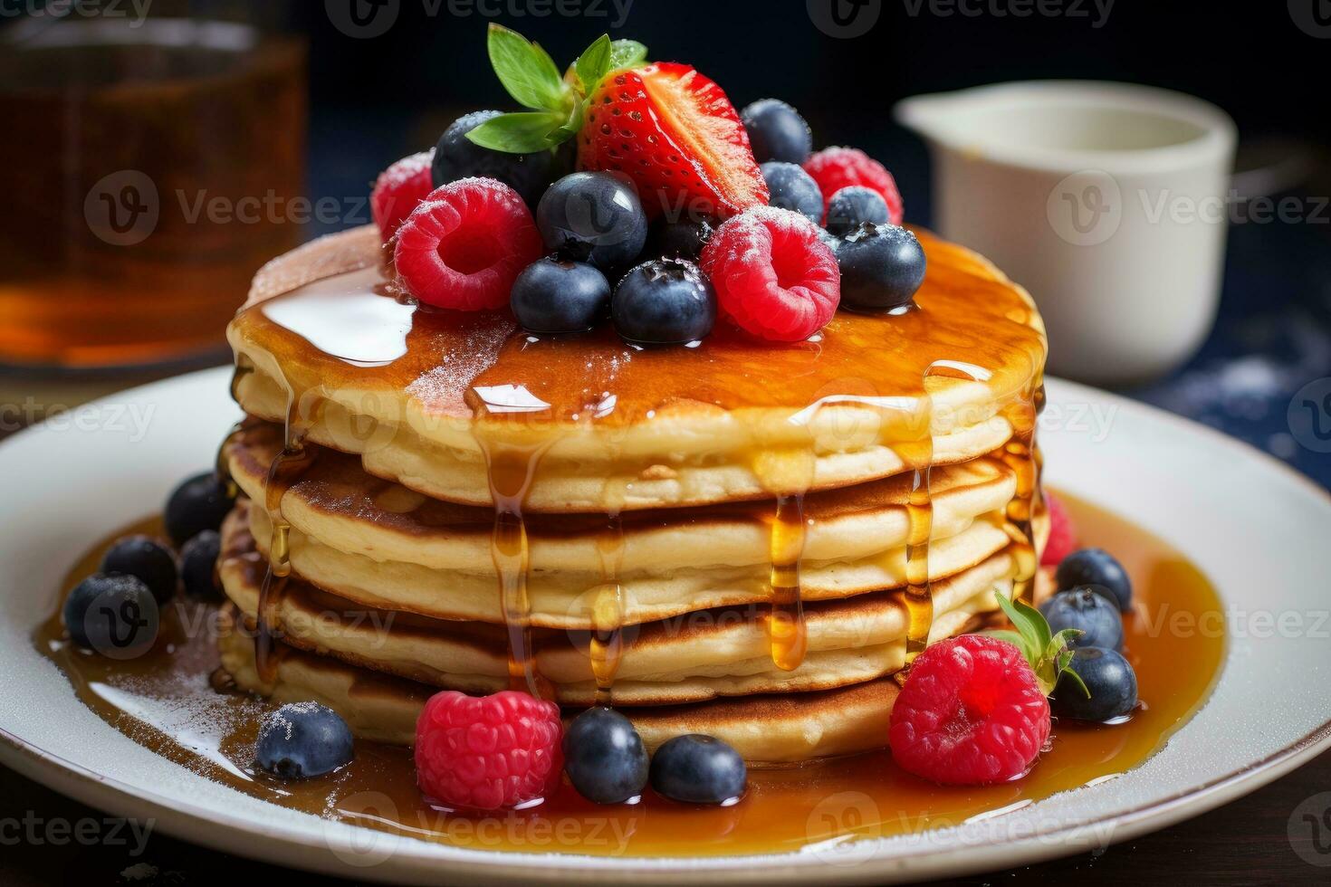 AI generated Photo of a plate of fluffy pancakes drizzled with maple syrup and topped with berries. Generative AI