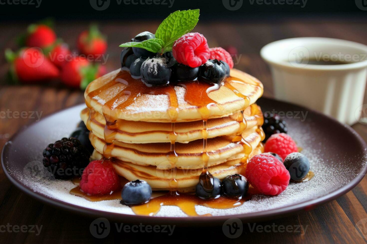AI generated Photo of a plate of fluffy pancakes drizzled with maple syrup and topped with berries. Generative AI