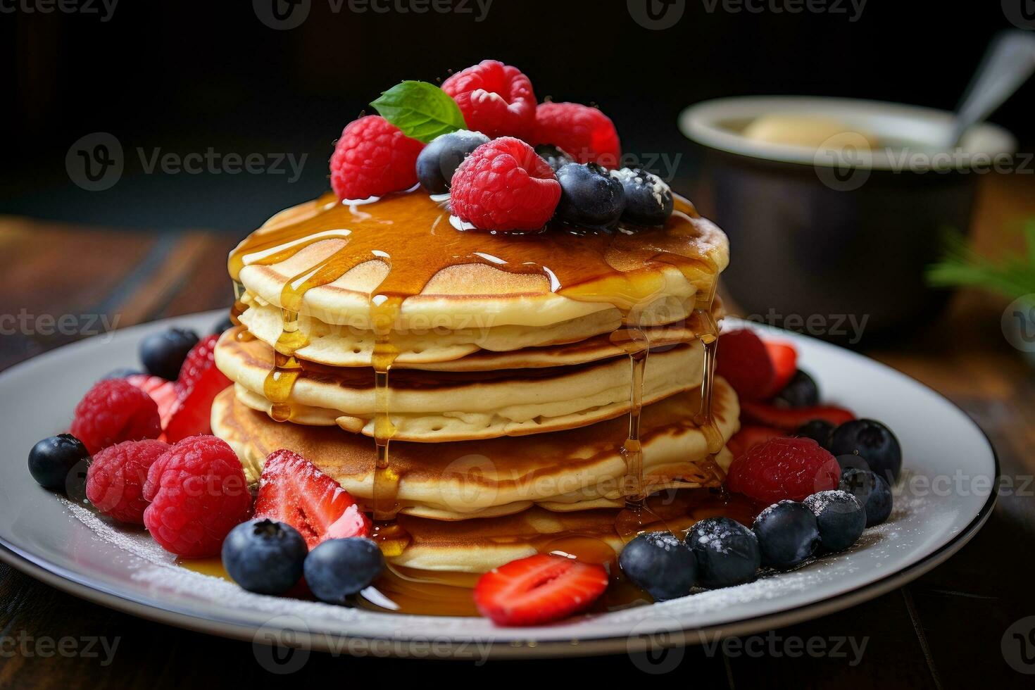 AI generated Photo of a plate of fluffy pancakes drizzled with maple syrup and topped with berries. Generative AI