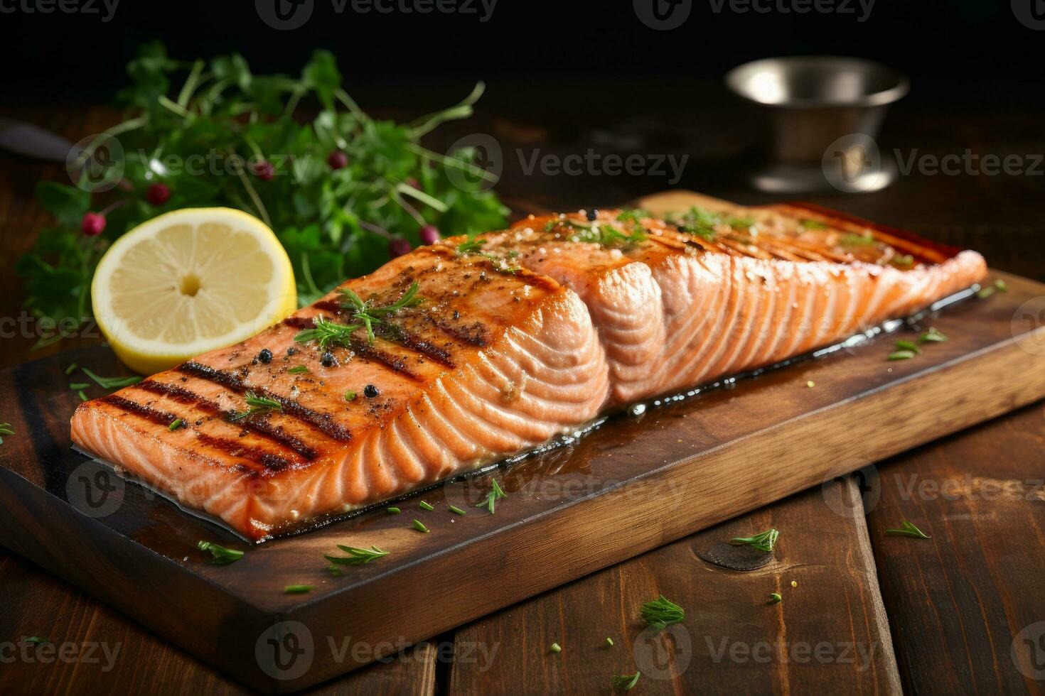 AI generated Photo of a perfectly grilled salmon fillet with a lemon-butter glaze. Generative AI