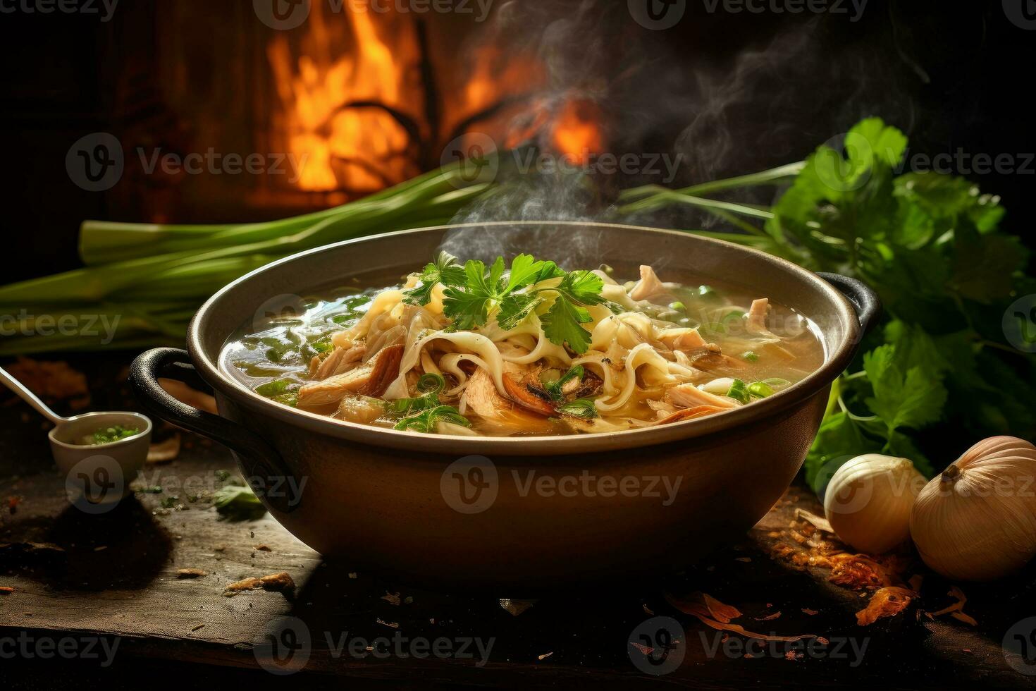 AI generated Photo of a rustic and hearty bowl of homemade chicken noodle soup with aromatic steam rising. Generative AI