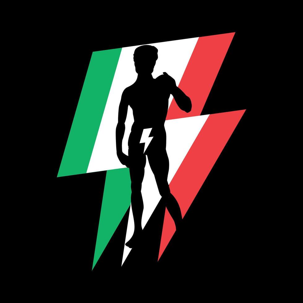 T-shirt design of the silhouette of a Renaissance sculpture next to the symbol of thunderbolt with the colors of Italy. Statue of David from Florence, Italy made by Michelangelo. vector