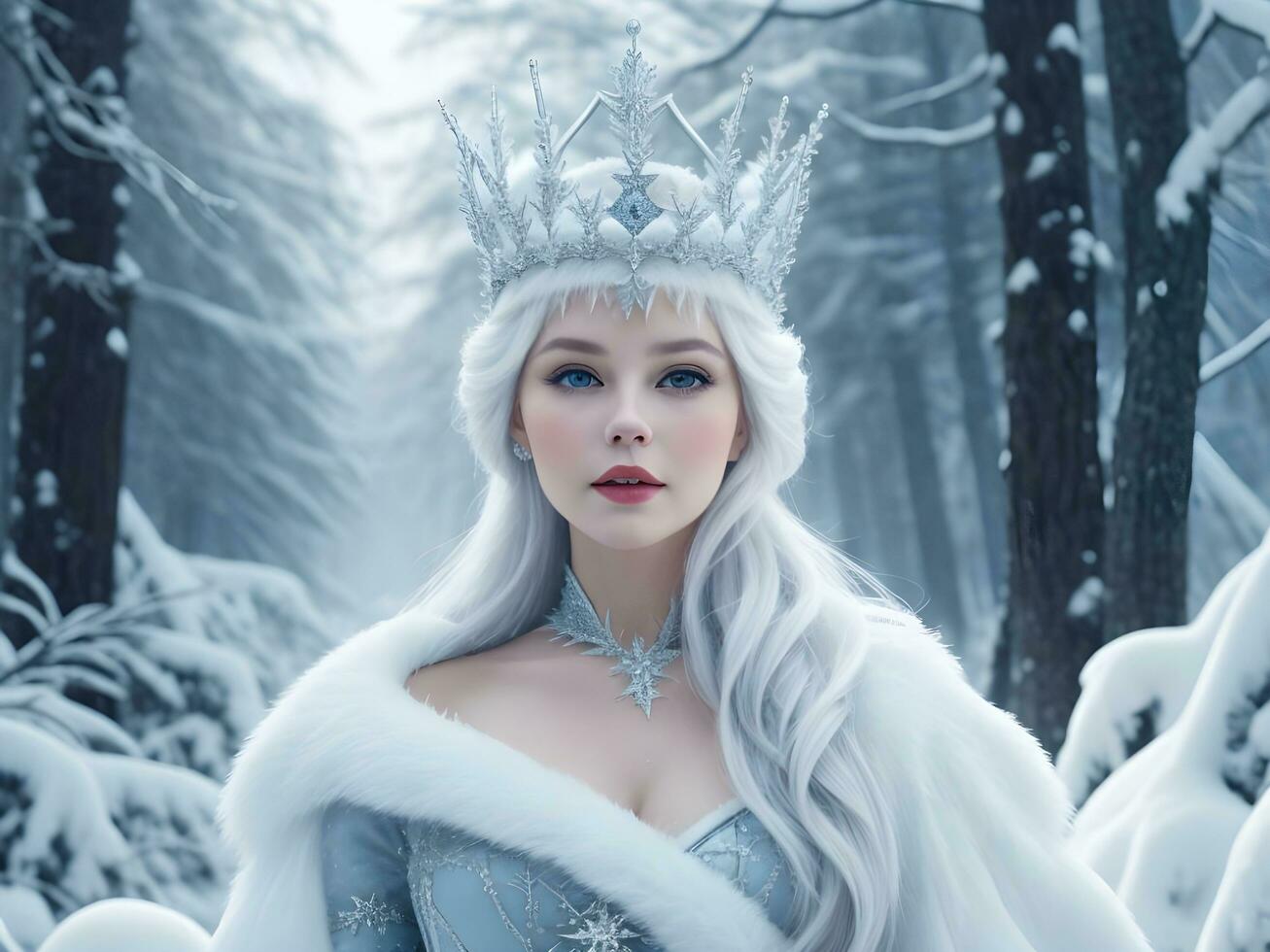 AI generated Snow queen with crown in snow in winter forest ai generate photo