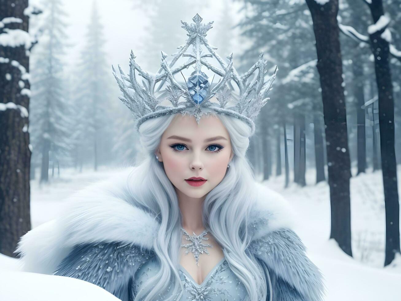 AI generated Snow queen with crown in snow in winter forest ai generate photo