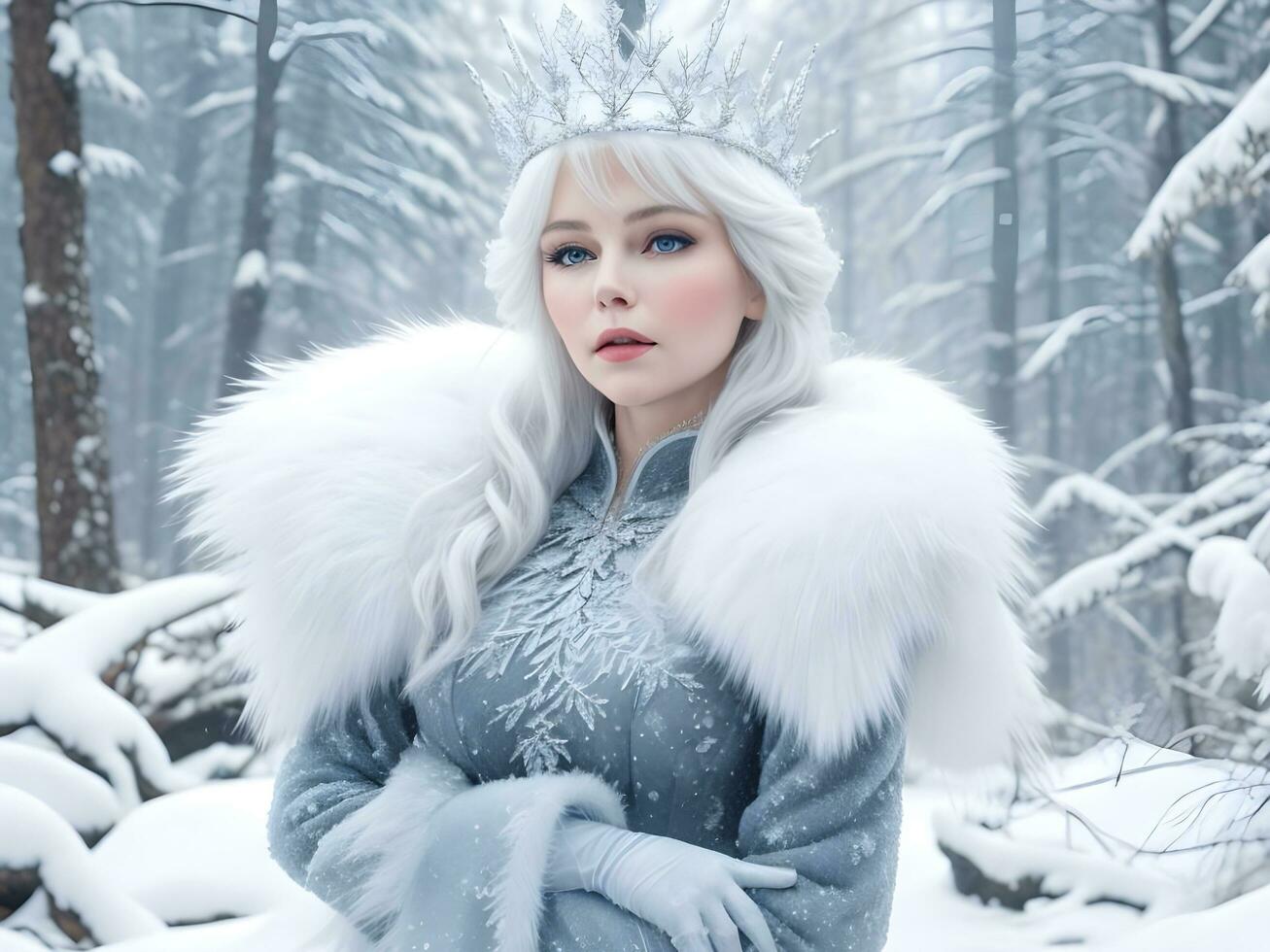 AI generated Snow queen with crown in snow in winter forest ai generate photo