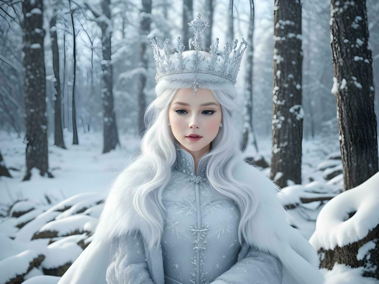 AI generated Snow queen with crown in snow in winter forest ai generate photo