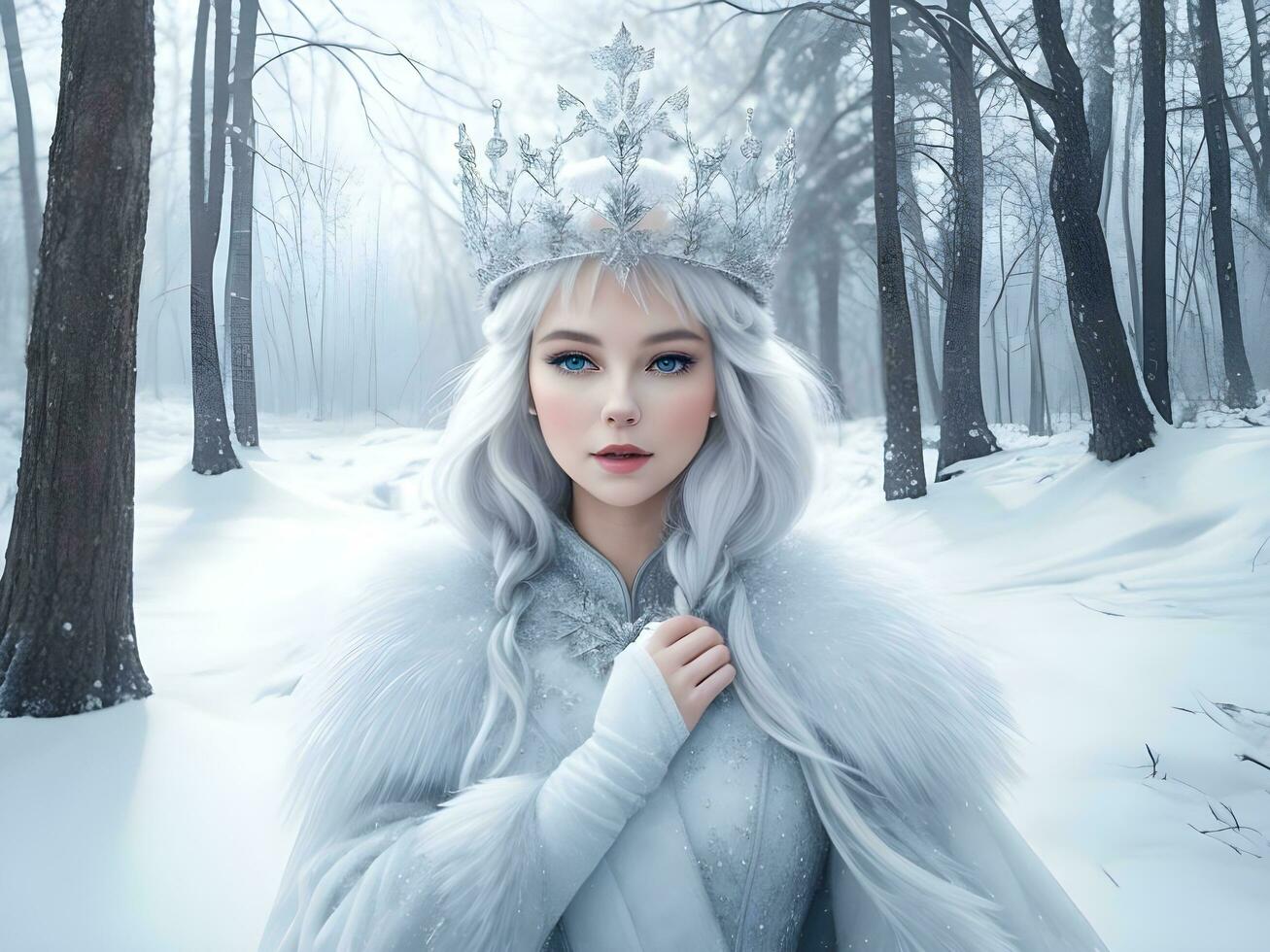 AI generated Snow queen with crown in snow in winter forest ai generate photo