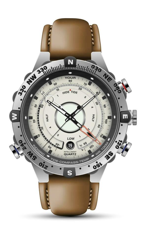 Realistic watch clock chronograph face silver brown leather strap on white design classic luxury vector