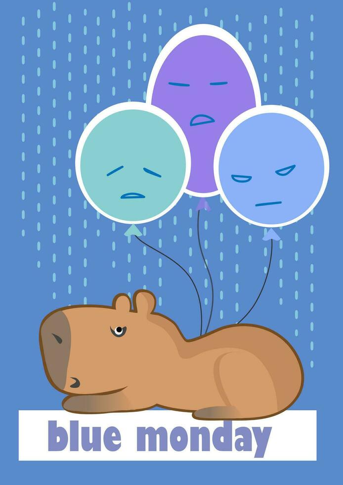 Blue monday in January. Design with text Blue Monday and sad capybara in flat style. Vector art