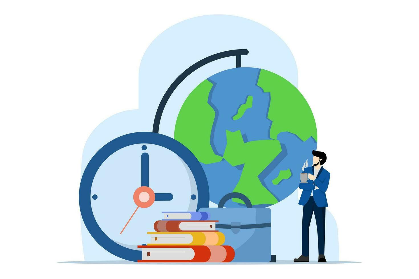 concept of returning to work, bags and books, office, business people, education, rest time is over, business people return to work after finishing their break. flat vector illustration on background.