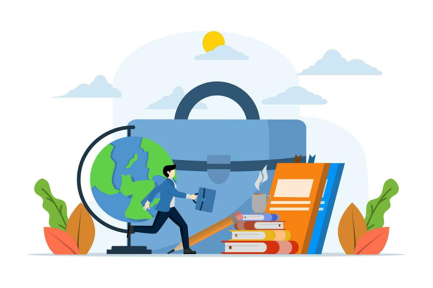 concept of returning to work, bags and books, office, business people, education, rest time is over, business people return to work after finishing their break. flat vector illustration on background.