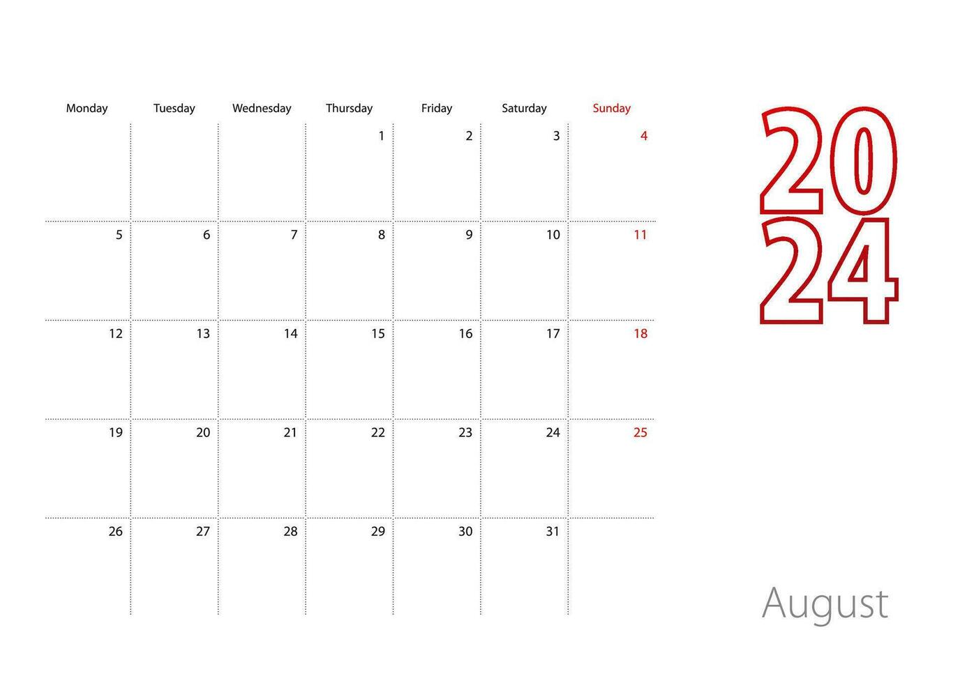 Calendar for August 2024 in modern design, planner template. vector