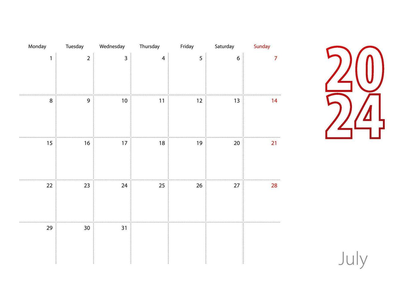 Calendar for July 2024 in modern design, planner template. vector