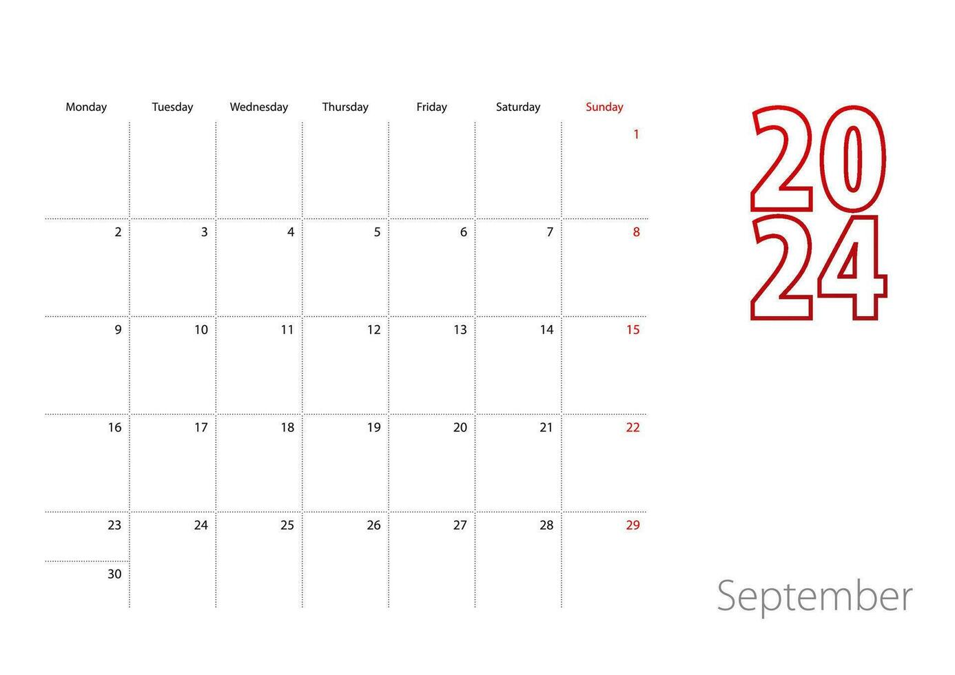 Calendar for September 2024 in modern design, planner template. vector