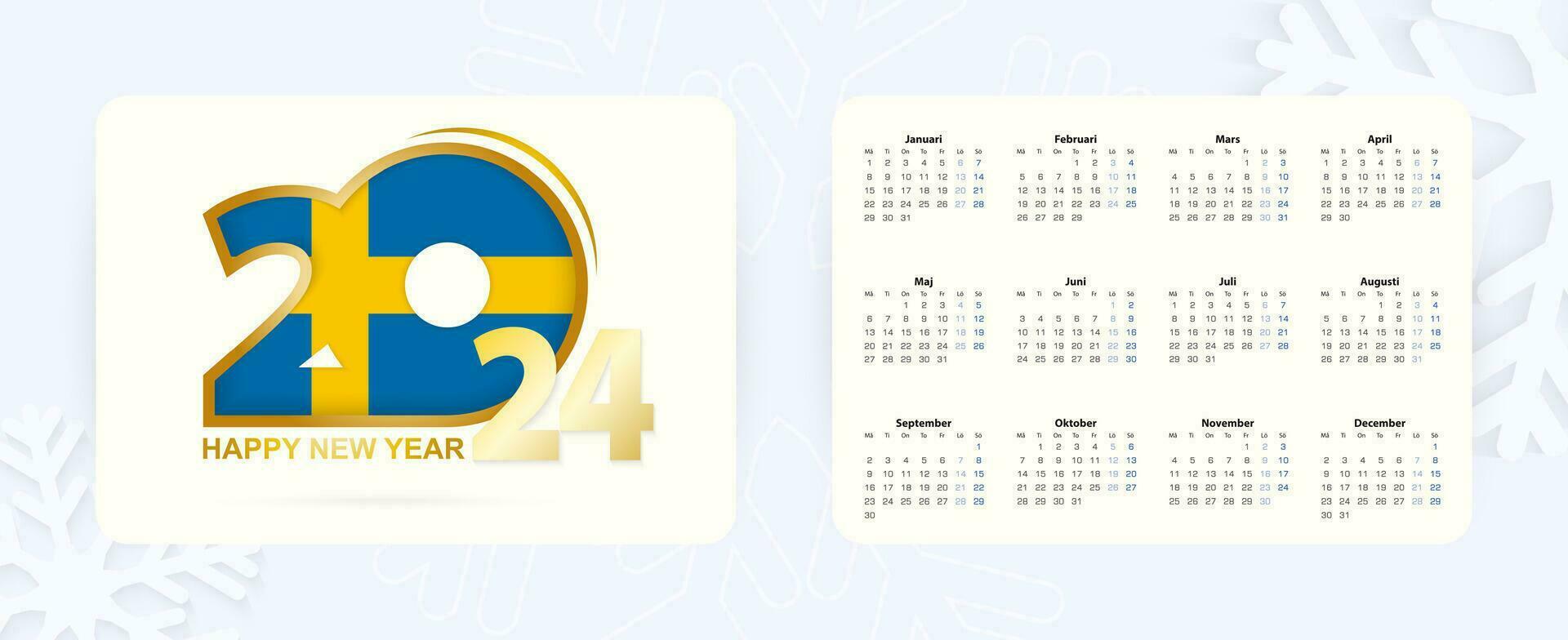 Horizontal Pocket Calendar 2024 in Swedish language. New Year 2024 icon with flag of Sweden. vector