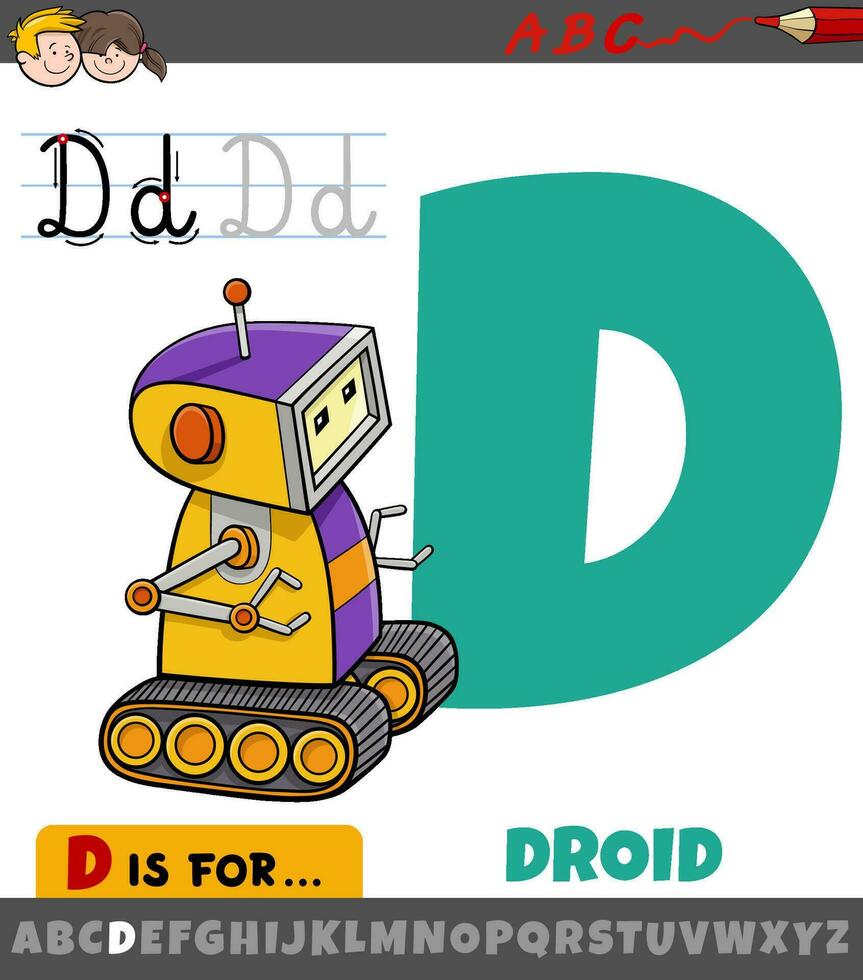 letter D from alphabet with cartoon droid character vector