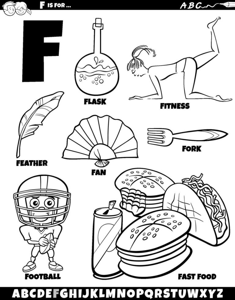 Letter F set with cartoon objects and characters coloring page vector