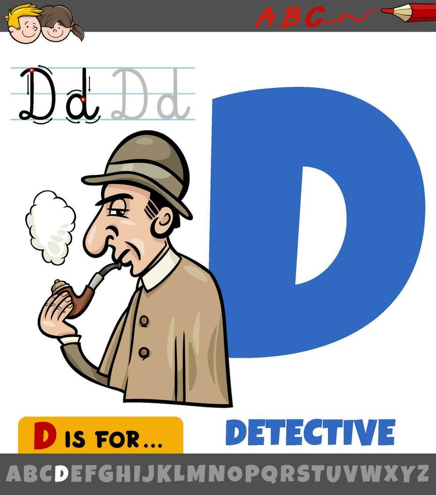 letter D from alphabet with cartoon detective character vector