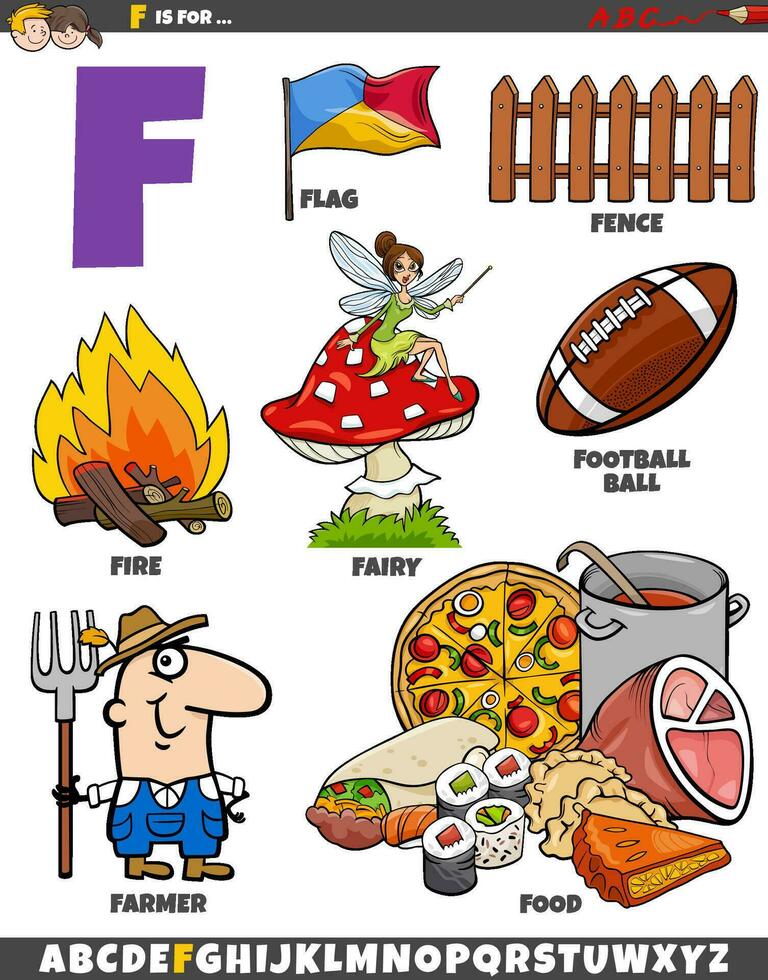 Letter F set with cartoon objects and characters vector