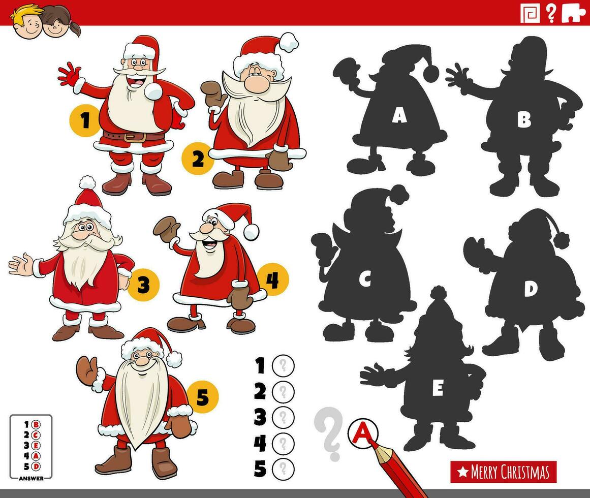 matching shadows activity with cartoon Santa Clauses vector