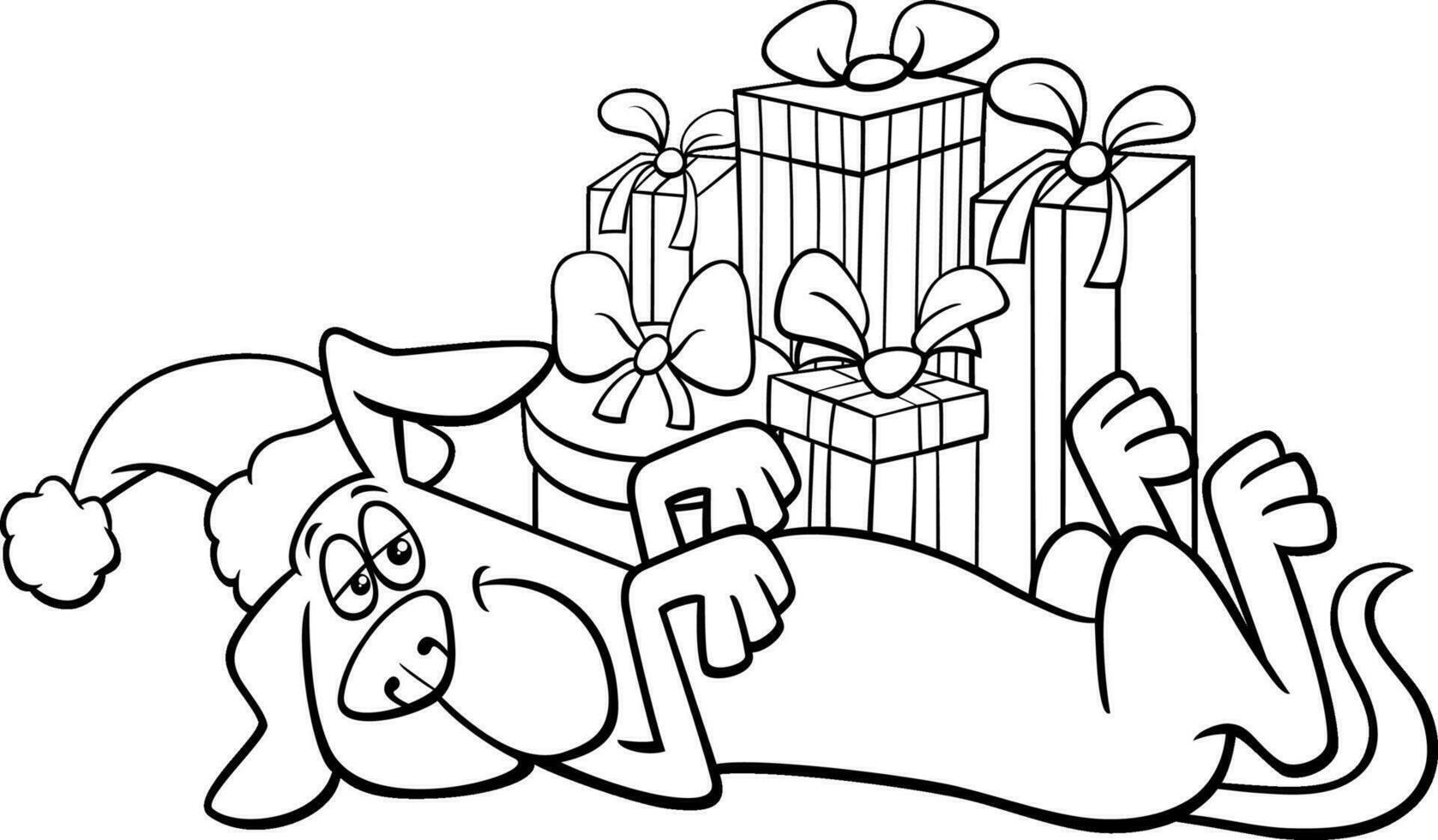 funny cartoon dog with Christmas presents coloring page vector