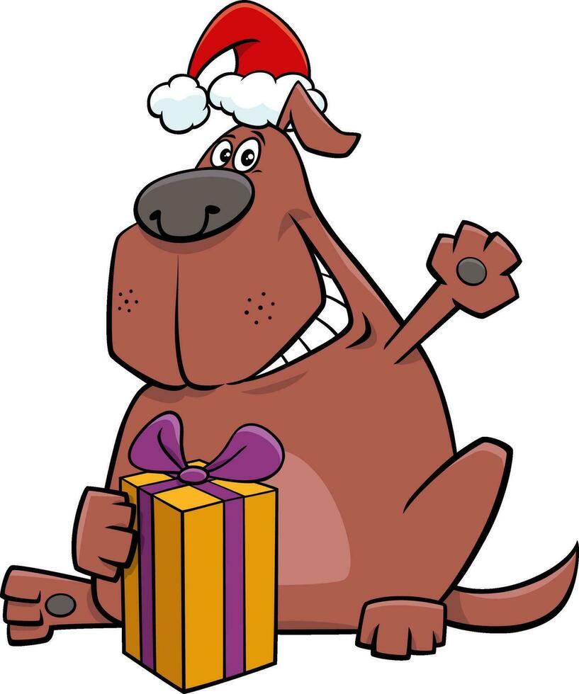 funny cartoon brown dog with Christmas gift vector