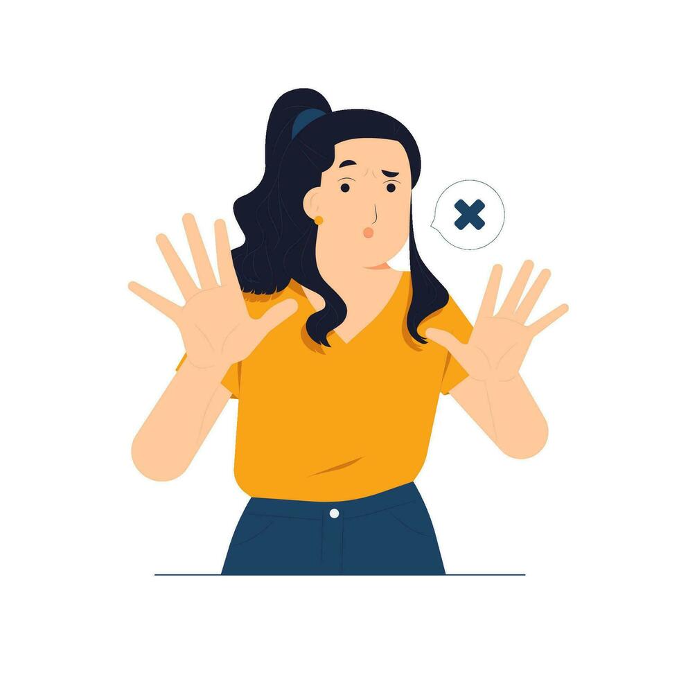 Shocked girl says no makes stop gesture, deny disagree not interested rejection expression concept illustration vector