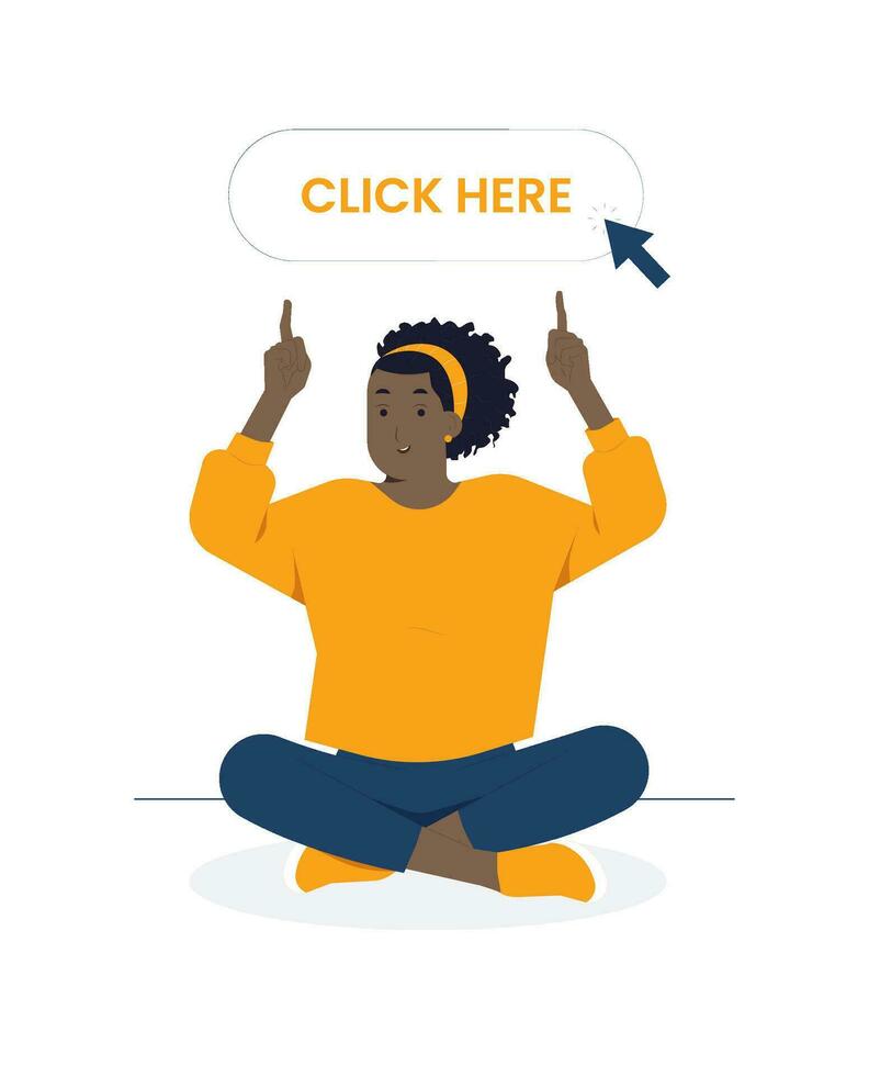 Black woman pointing index fingers upwards up place for commercial idea with happy expression, showing advices to use this copy space concept illustration vector