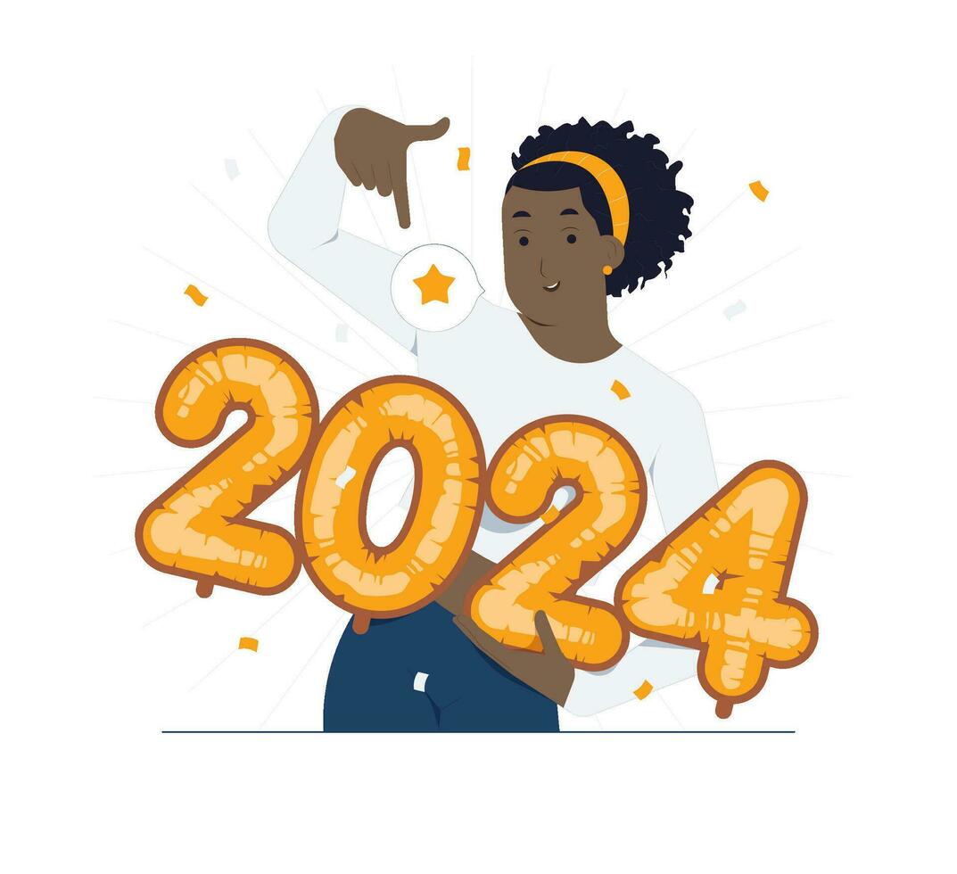 Black woman holding balloon number of Happy new year 2024 celebrating winter holiday concept illustration vector