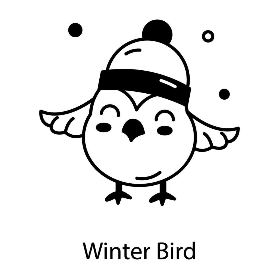 Cute winter bird wearing beanie, line style icon vector
