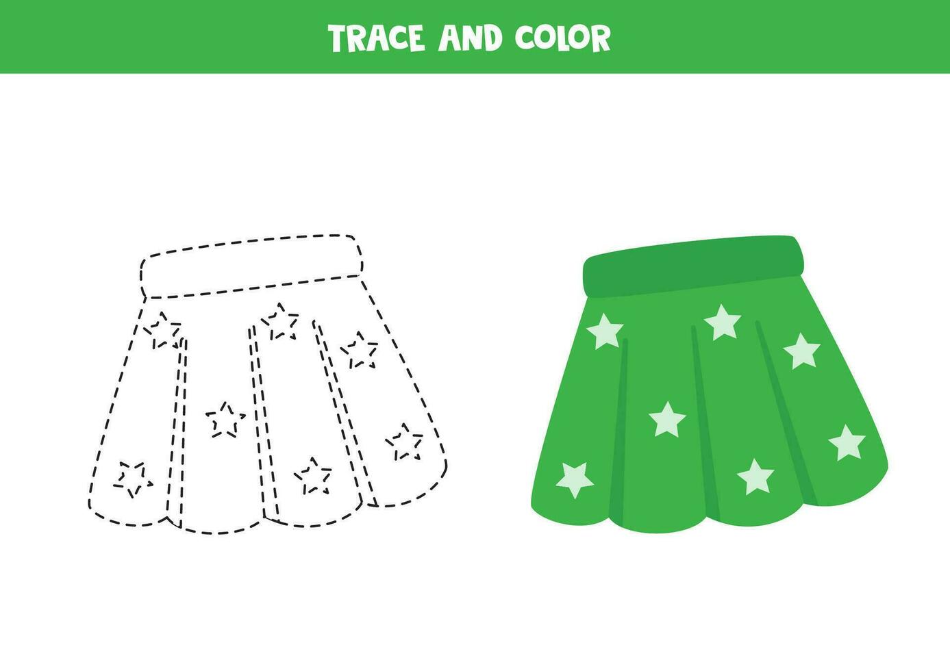 Trace and color cartoon green skirt. Worksheet for children. vector
