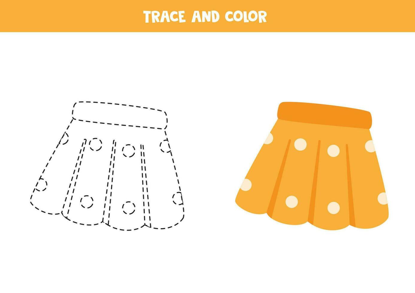 rastro y color dibujos animados amarillo falda. hoja de cálculo para niños. vector