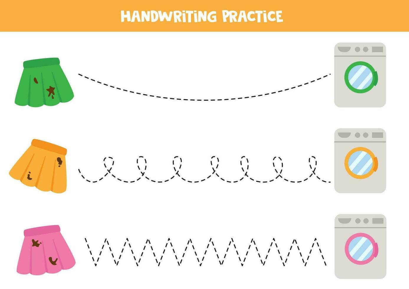 Tracing lines for kids. Cute dirty skirts and washing machines. Handwriting practice. vector