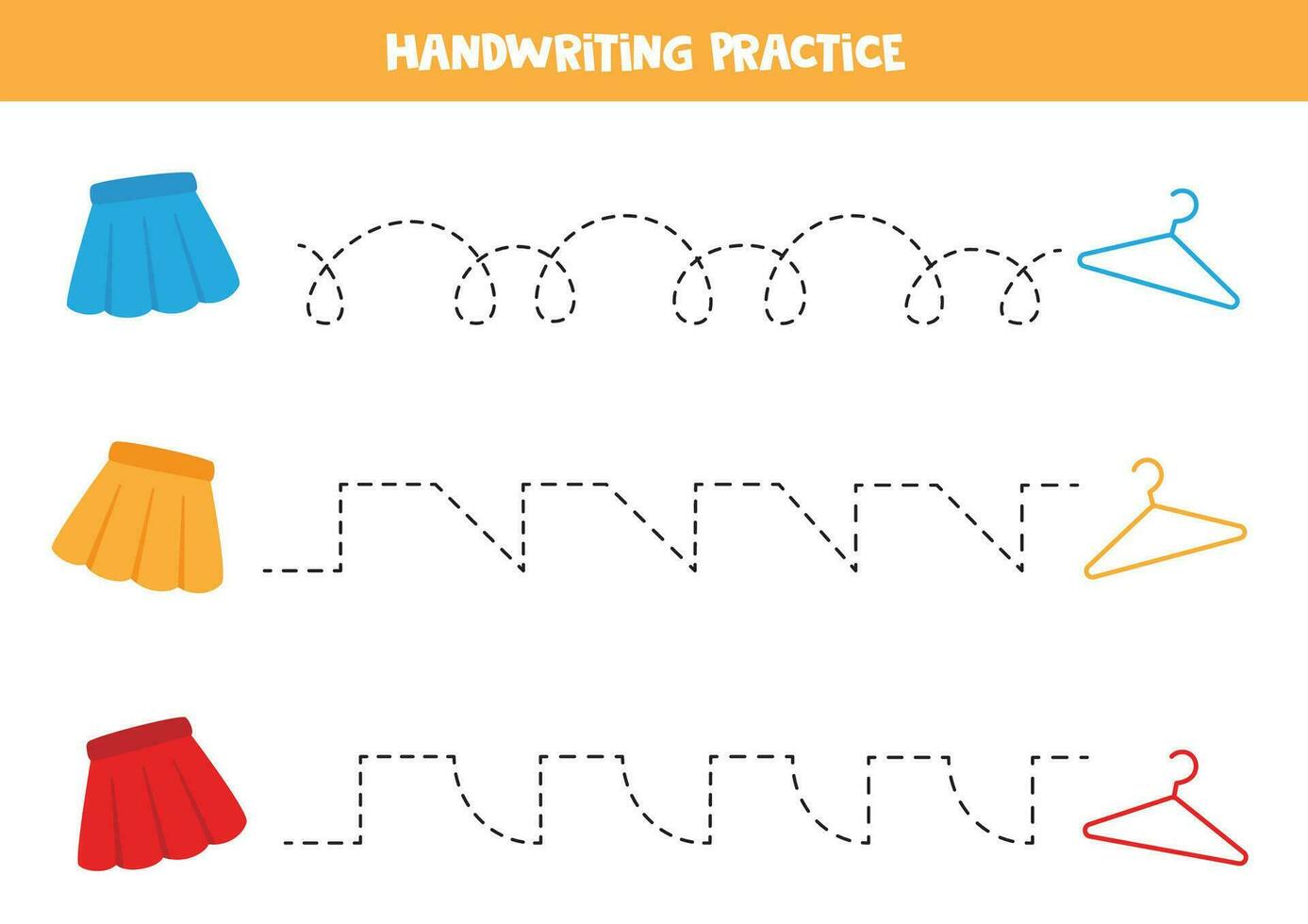 Tracing lines for kids. Cute colorful skirts and hangers. Handwriting practice. vector