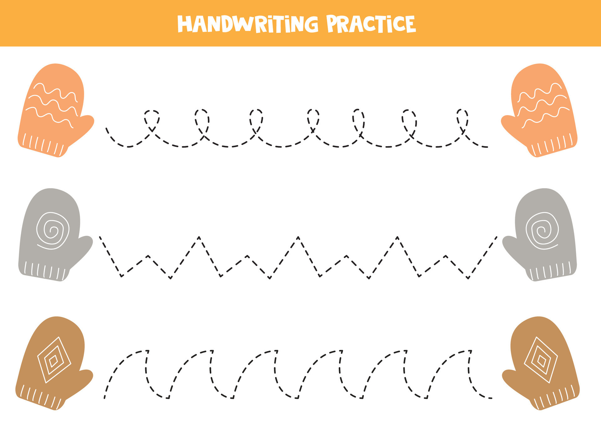 Tracing lines for kids. Cute colorful winter mittens. Handwriting