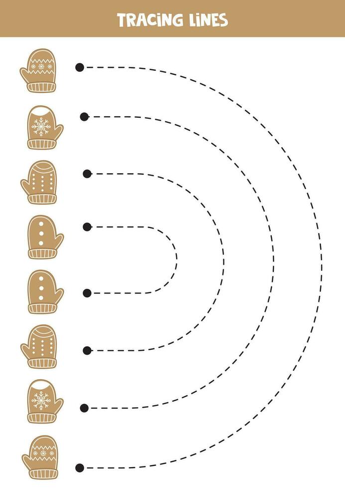 Tracing lines for kids. Cute ginger bread mittens. Handwriting practice. vector