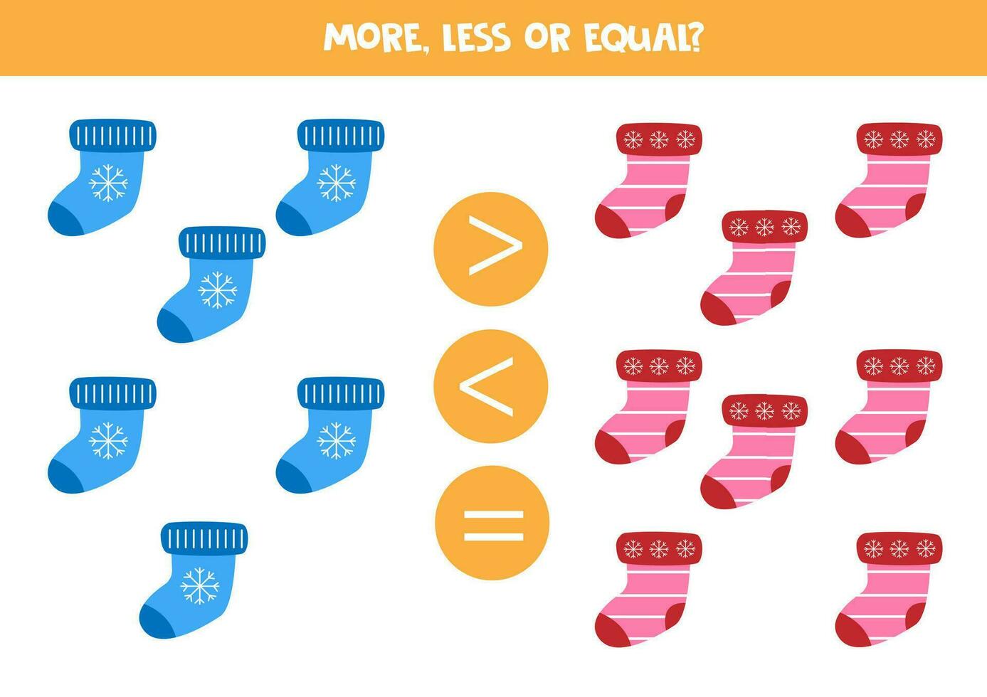 Grater, less or equal with cartoon colorful socks. vector