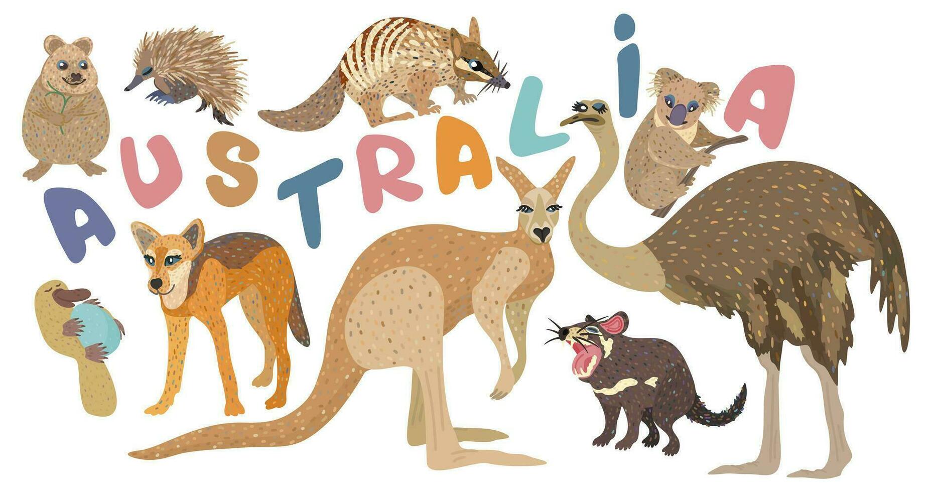 Vector set of cute australian animals with lettering