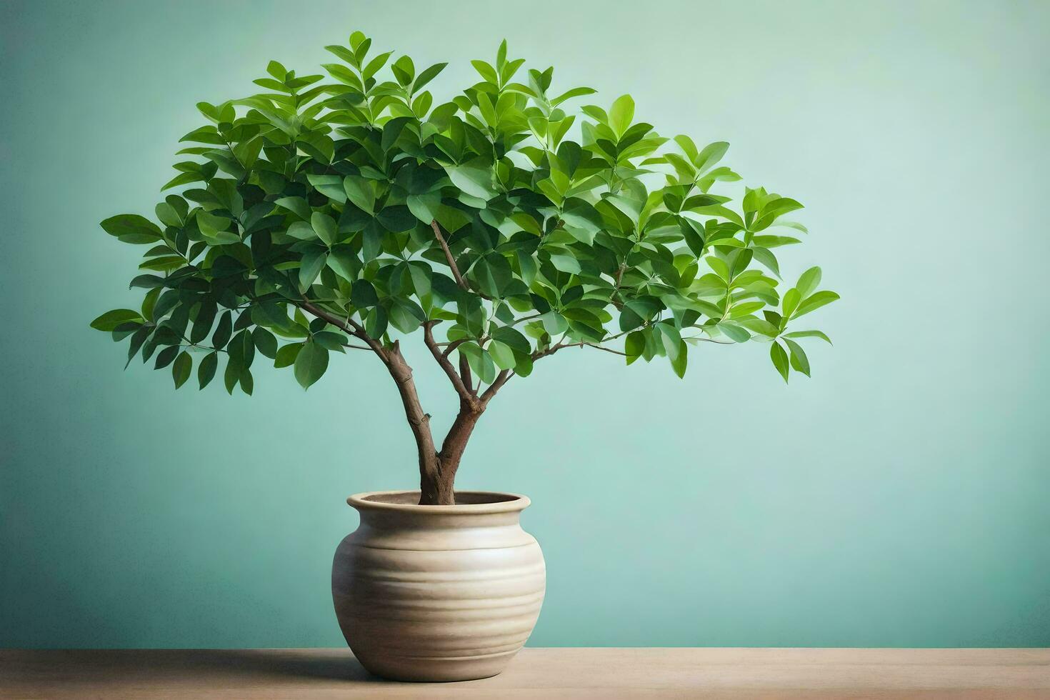 AI generated a small tree in a glass vase on a table photo