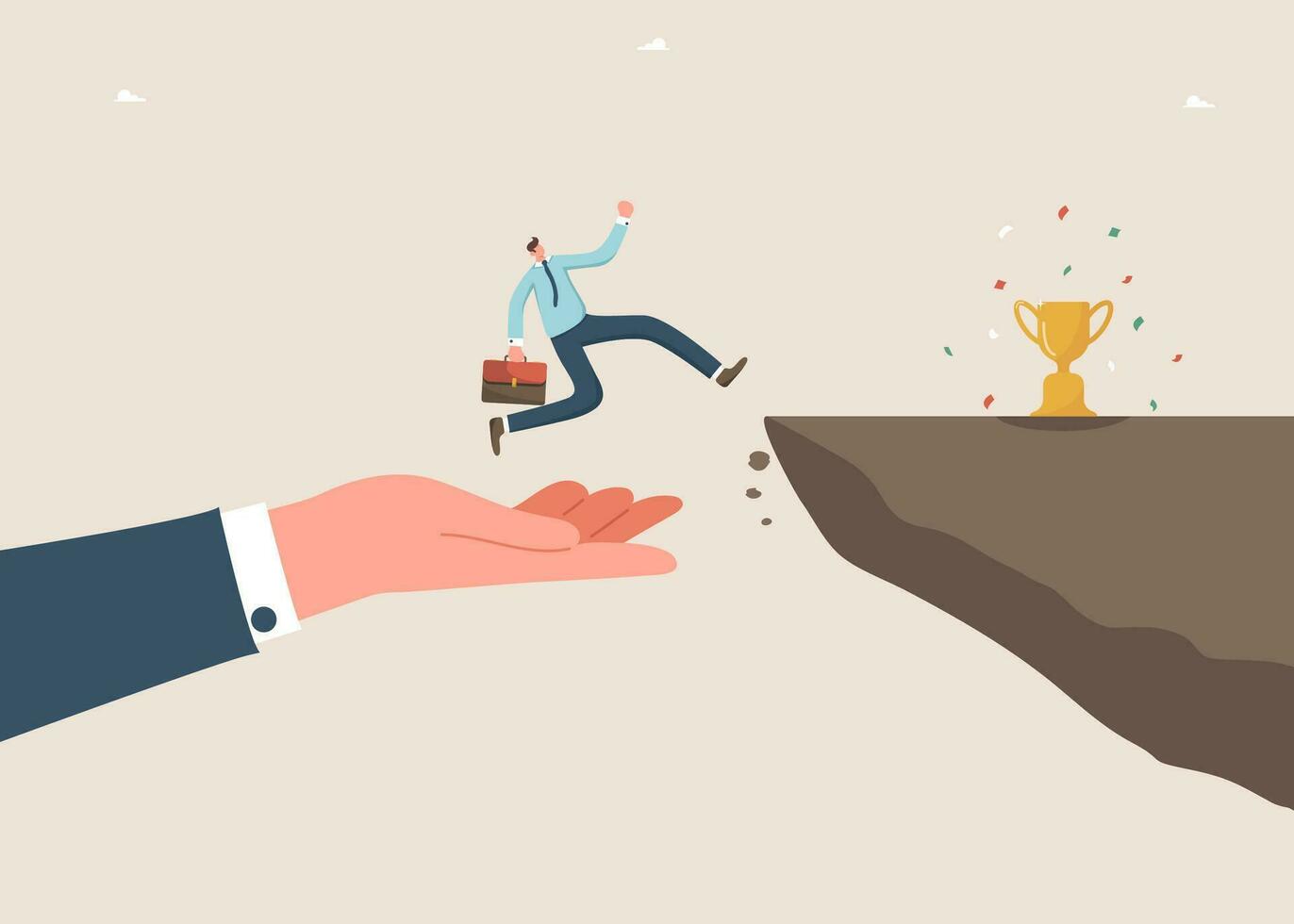 A huge hand helps a man get the trophy vector