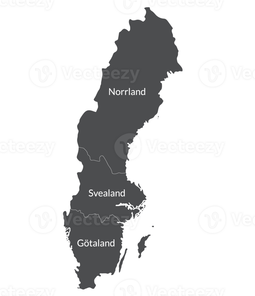 Sweden map. Map of Sweden divided into three main regions in grey color, Gotaland, Svealand and Norrland png