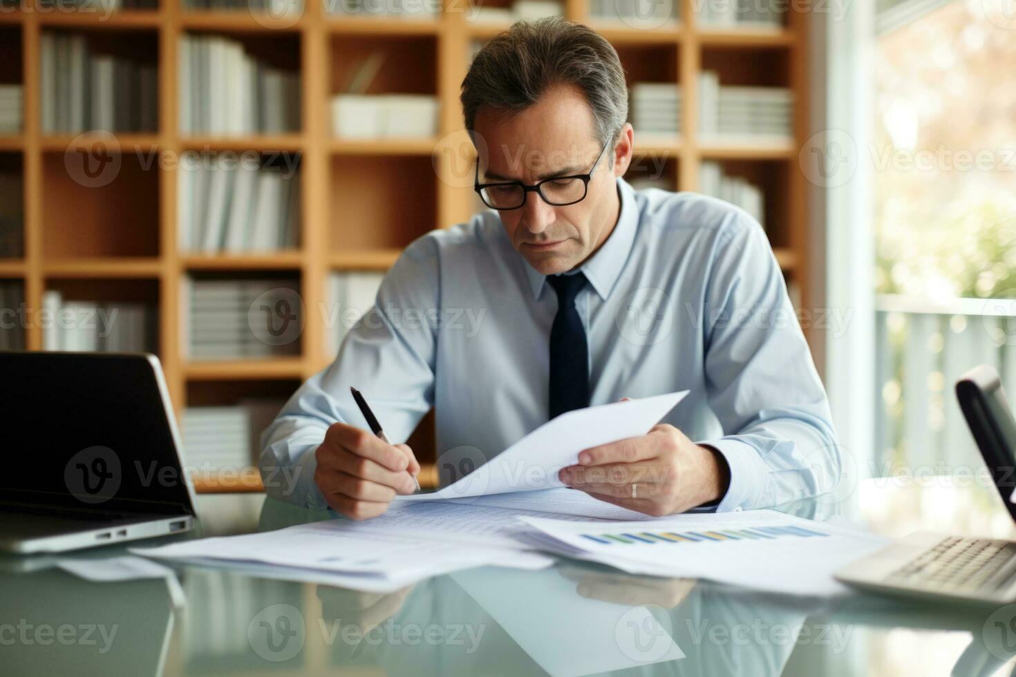 AI generated Man reads paper documents in his office. photo