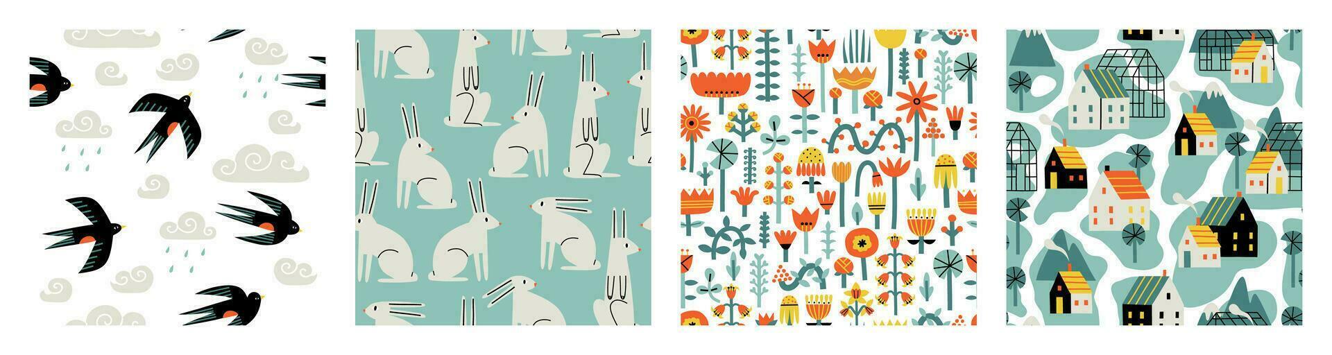Set of seamless patterns on the theme of spring, swifts, rabbits, rainbows, butterflies, flowers. Vector illustration in flat style.