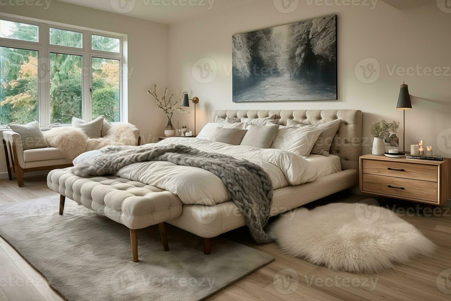 ai generado dormitorio diseñado en el escandinavo estilo, presentando un sereno y calmante ambiente foto