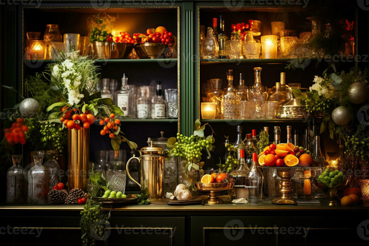 AI generated Christmas cocktail bar, gourmet holiday drinks, adorned with fresh herbs, edible flowers photo