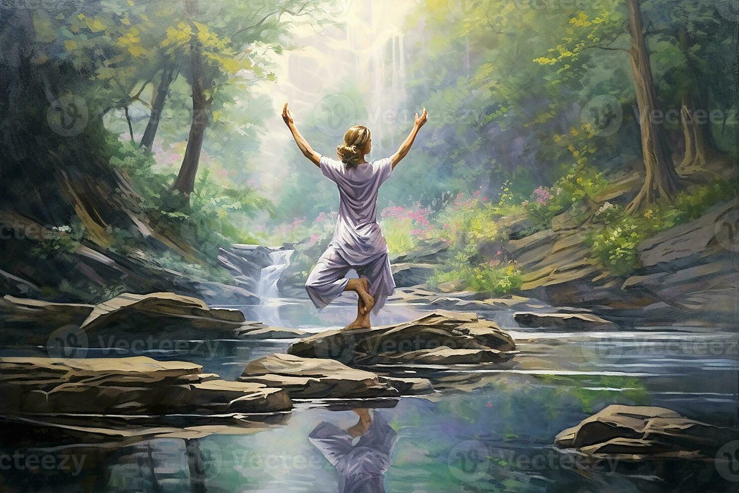 AI generated Woman practicing yoga, connection between mind and body, calming nature, flowing water photo