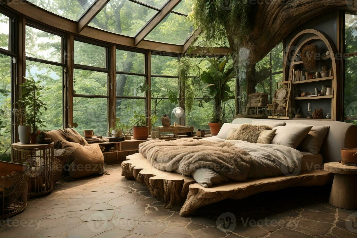 AI generated Bedroom with recycled wood elements, creating a harmonious eco-friendly space photo